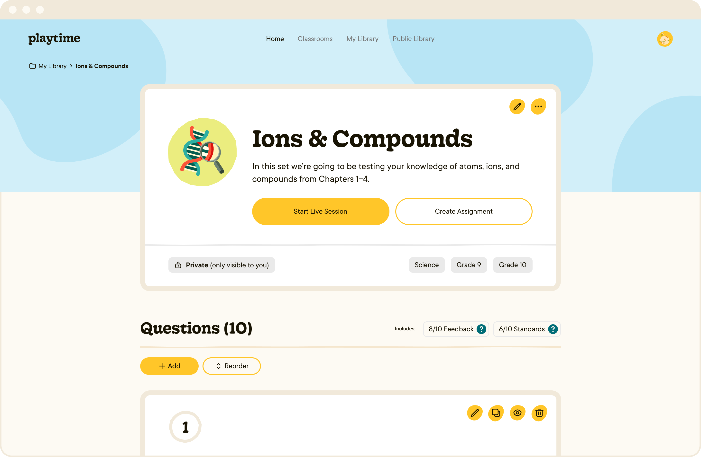 A screenshot of an assignment page, from the teacher's point of view. There is a hero element with the title 'Ions & Compounds'. Below is the beginning of the questions list, but the page cuts off before you can read the first question.