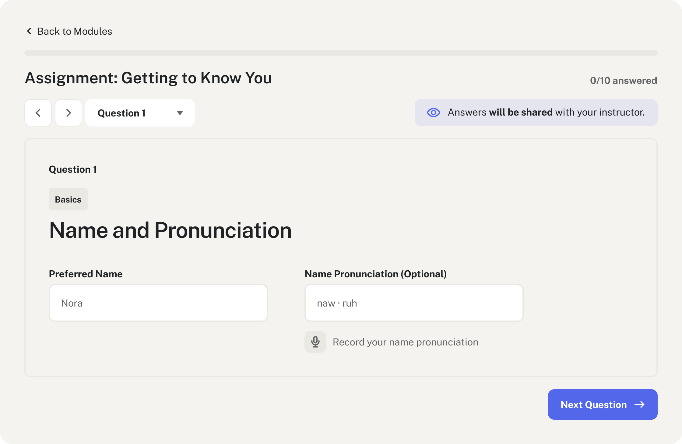The name and pronunciation section of the Lumen introductory questionnaire.