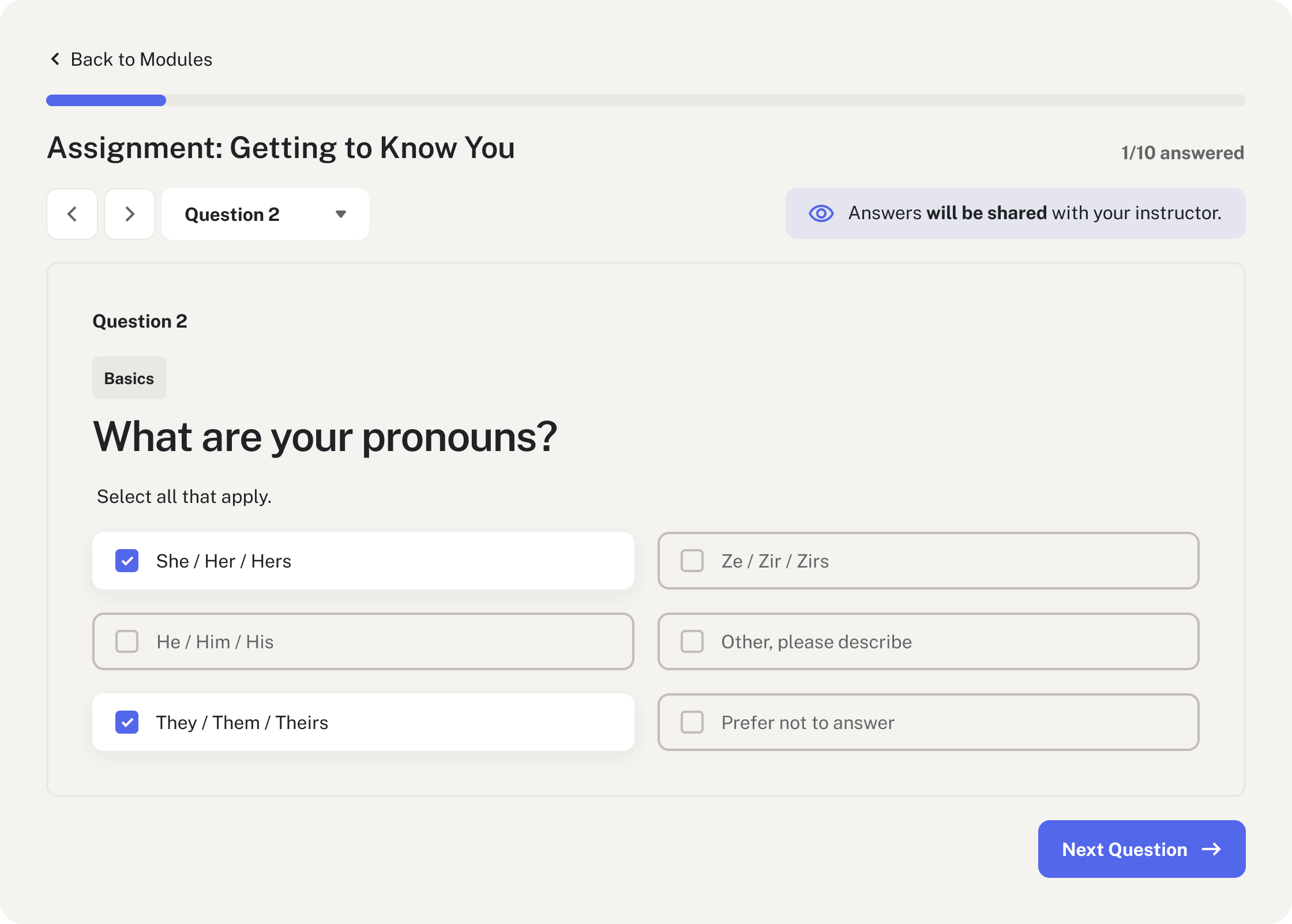 The pronouns section of the Lumen introductory questionnaire.