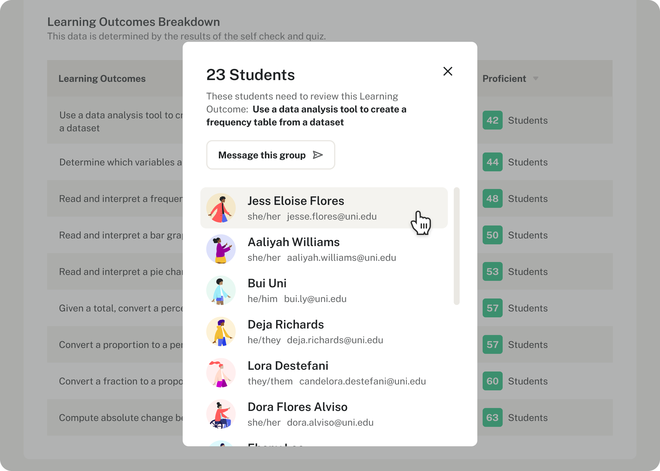 A UI modal containing a scrolling list of 23 students.