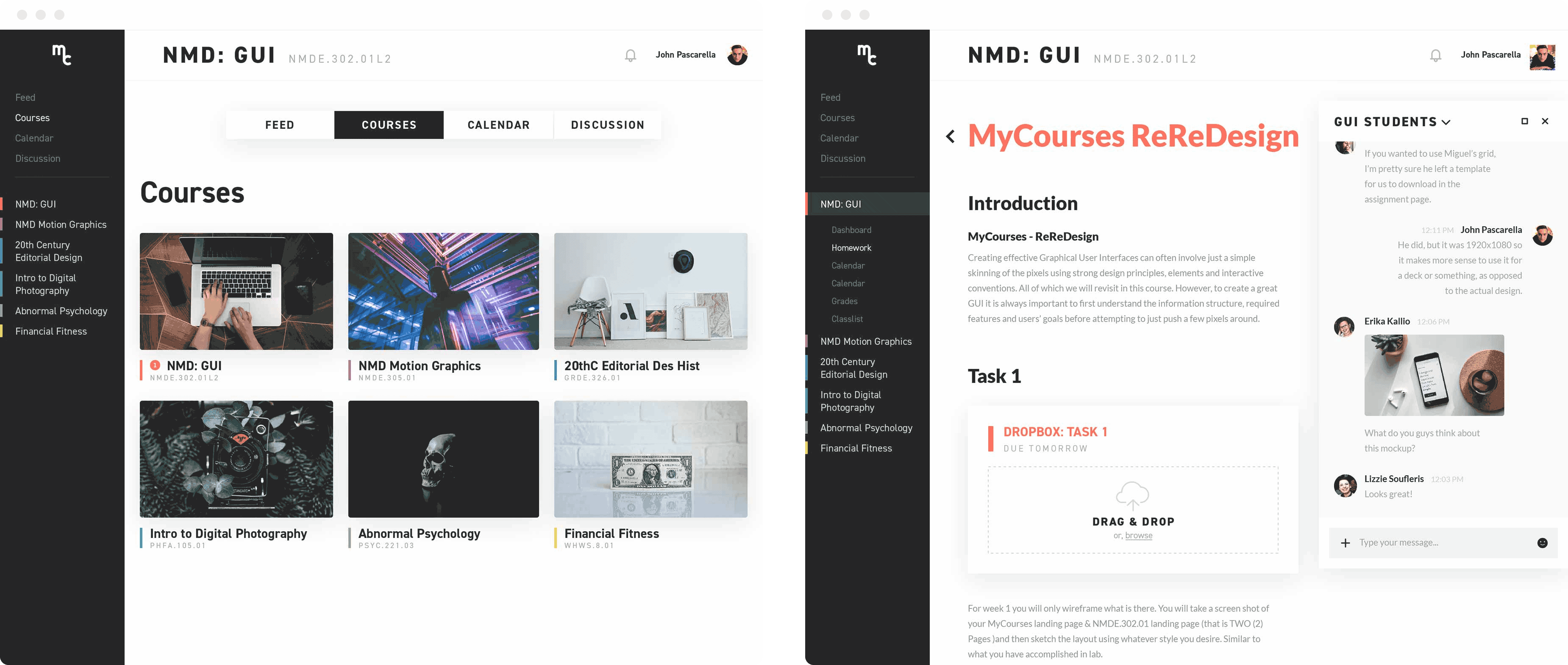 Two screenshots showing the course list and assignment page.