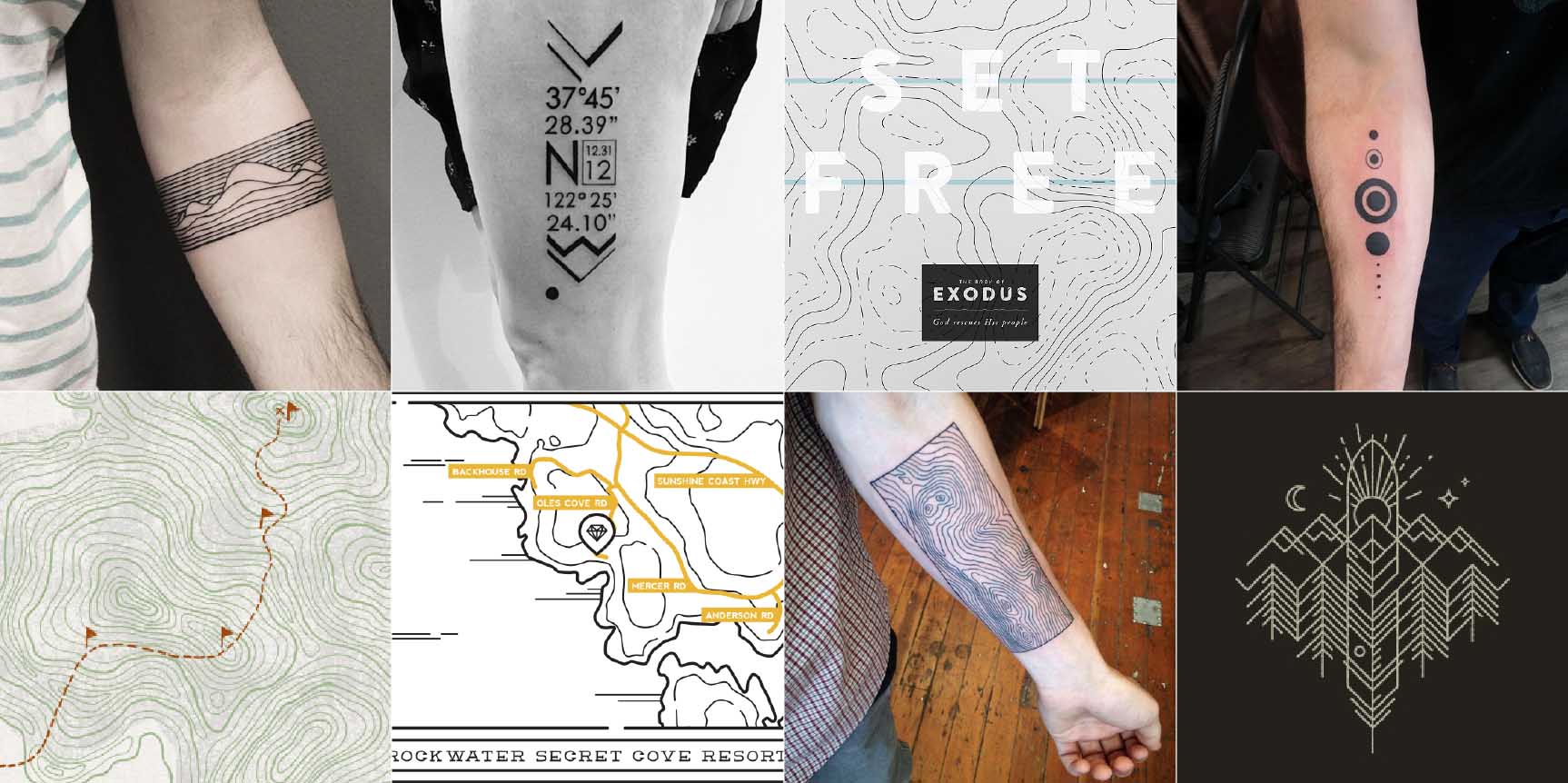 A grid of eight maps and tattoos used as stylistic inspiration.