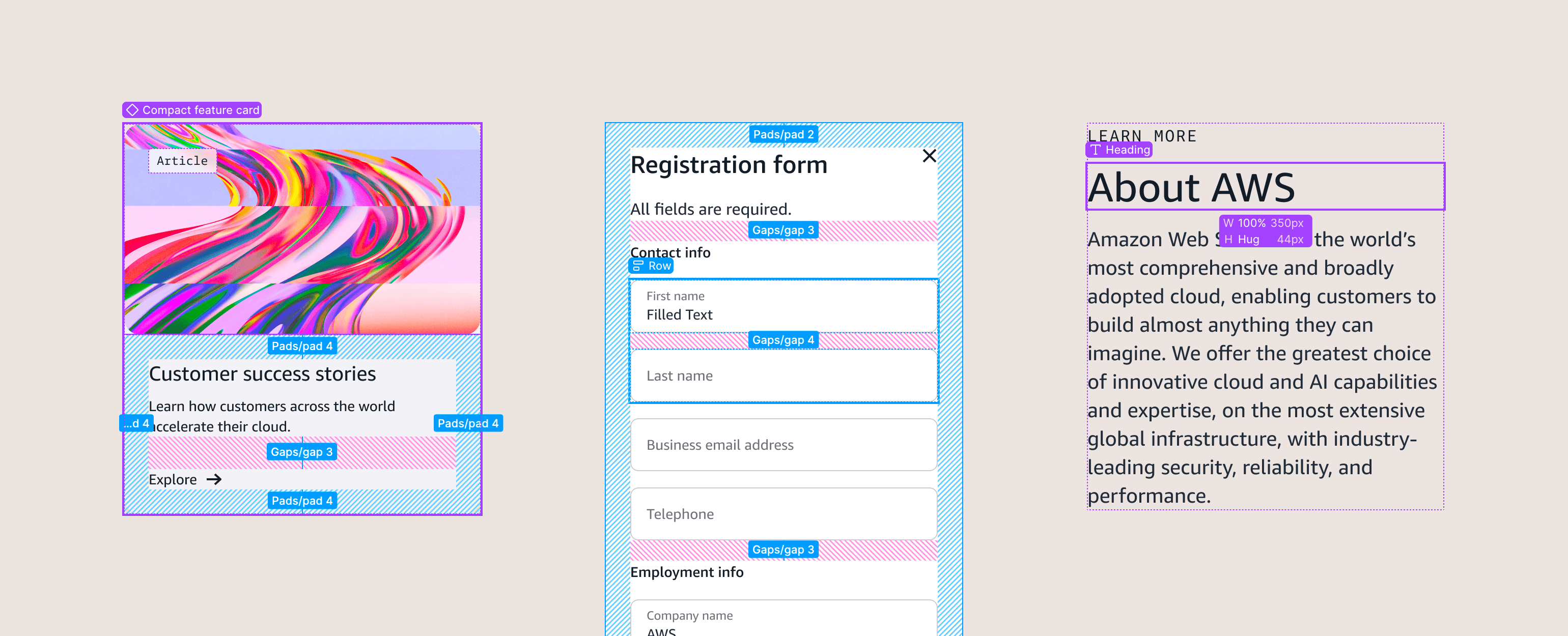 Side-by-side detail shots of three components with Figma Dev Mode statistics visible on each. The statistics show variables used in spacing, padding, and typography.