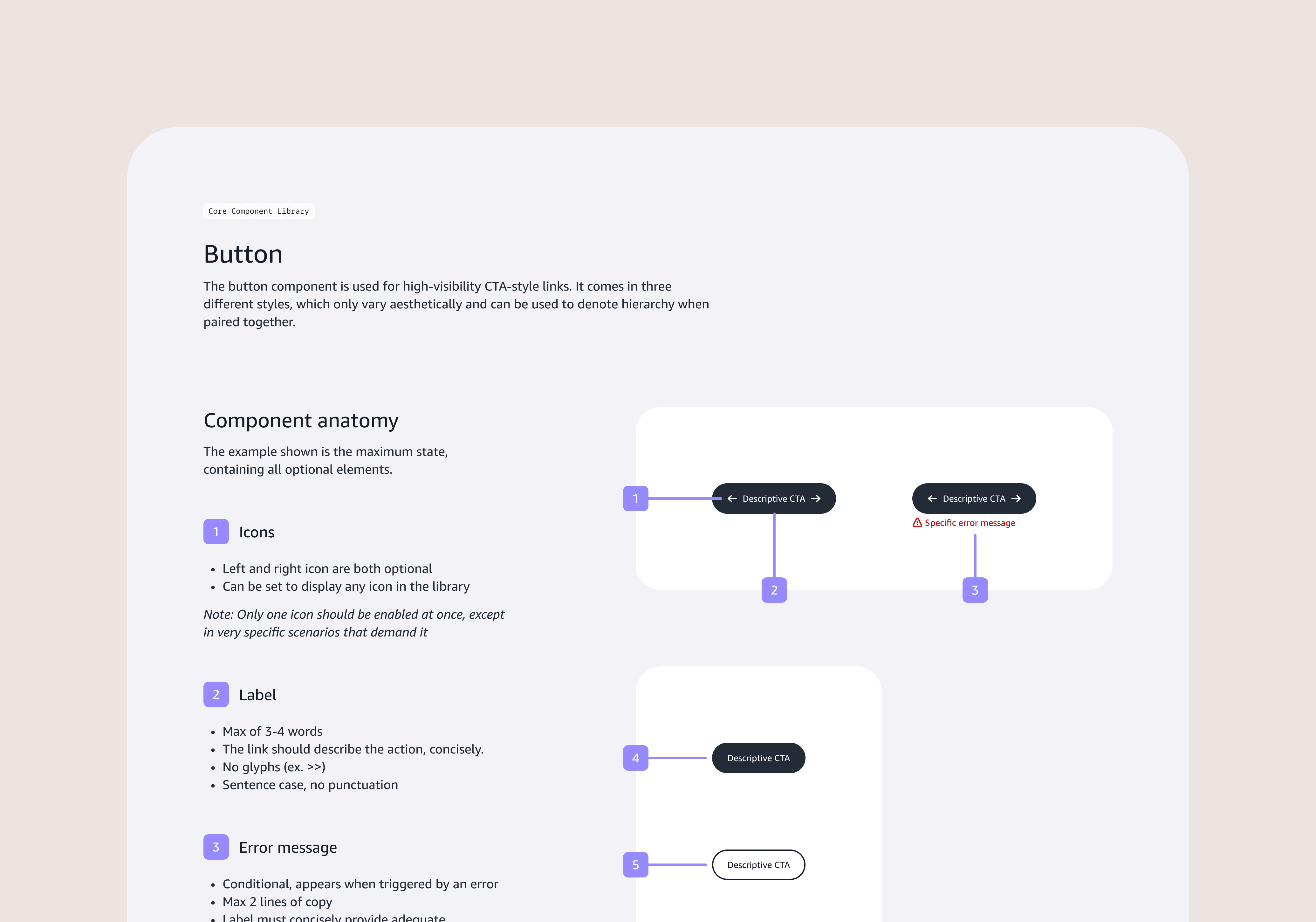 An example of component documentation that I wrote; shown is the Button component.