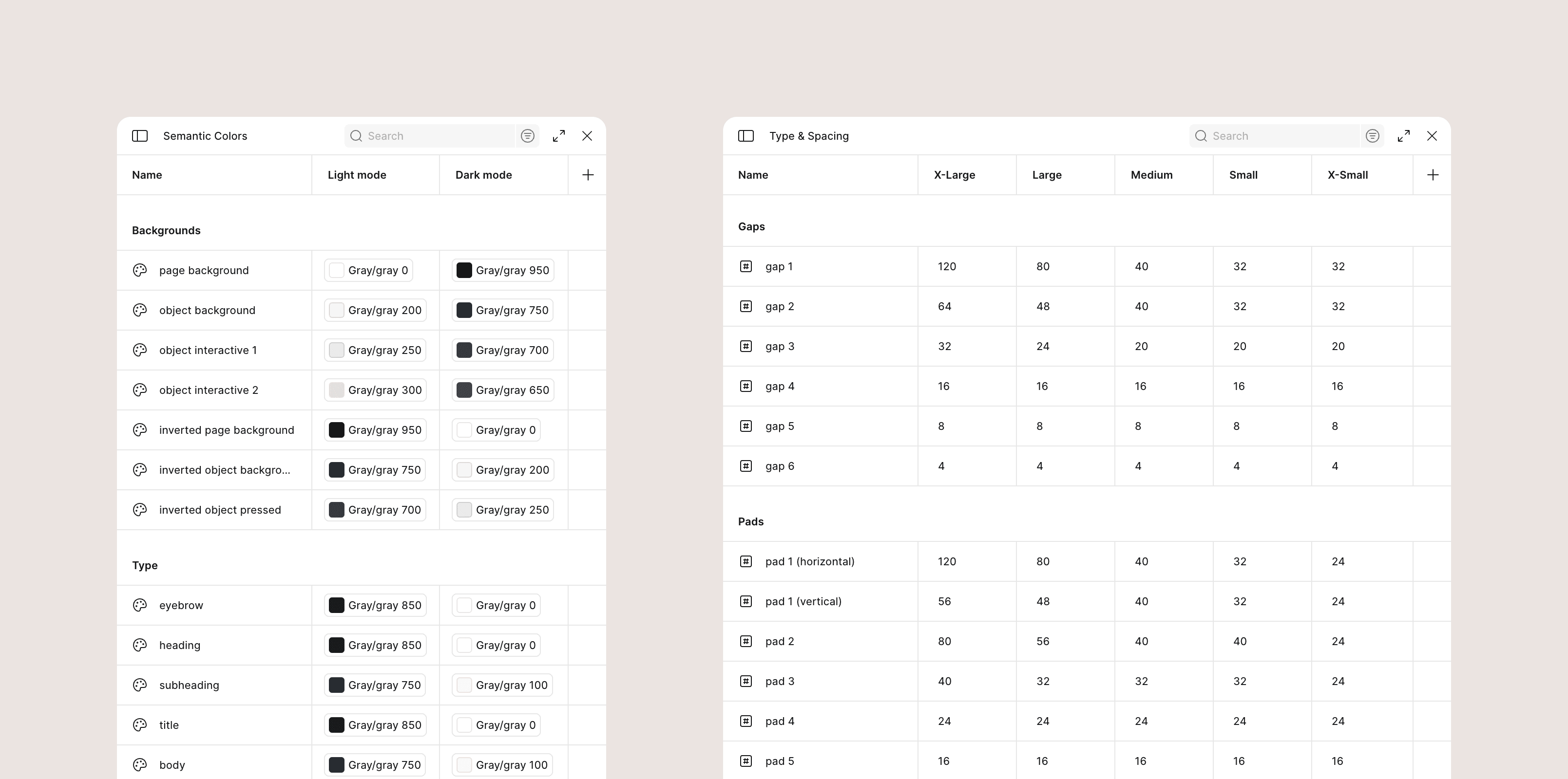 A screenshot showing a fraction of the variables I built into the library. Color and spacing variables are shown, with modes used to automatically control Light and Dark mode as well as breakpoints associated with device size.