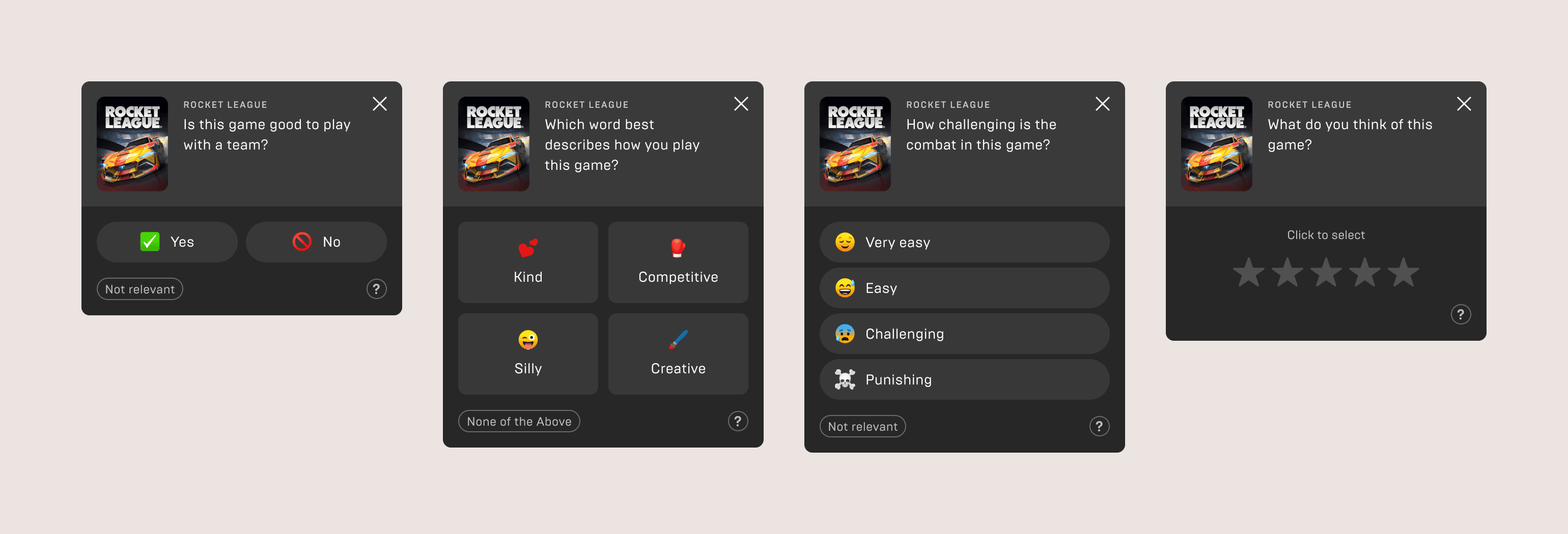 Side-by-side screenshots of th four different poll types — Yes/No, Unordered 4-answer, Ordered 4-answer, and Star rating.