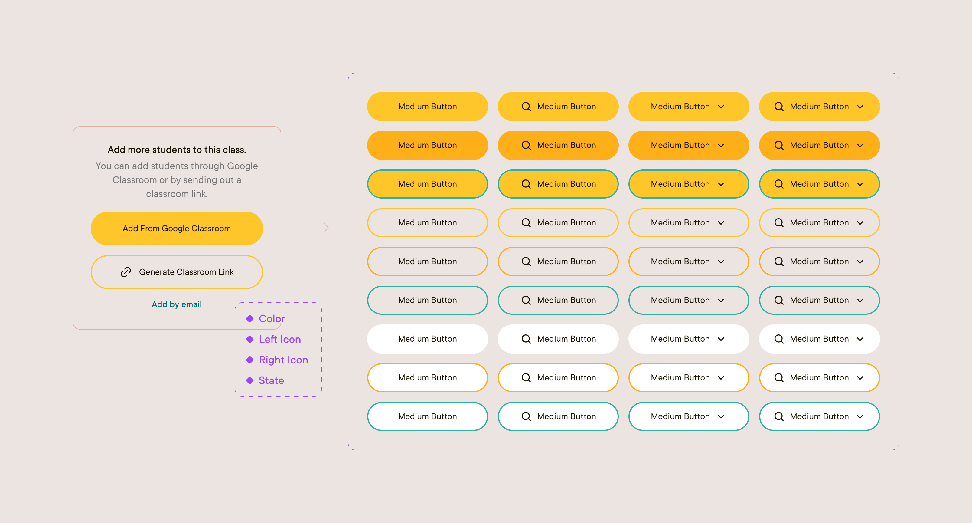A display of the Button component and all of its variants, representing button color, icon status, and interactive state.