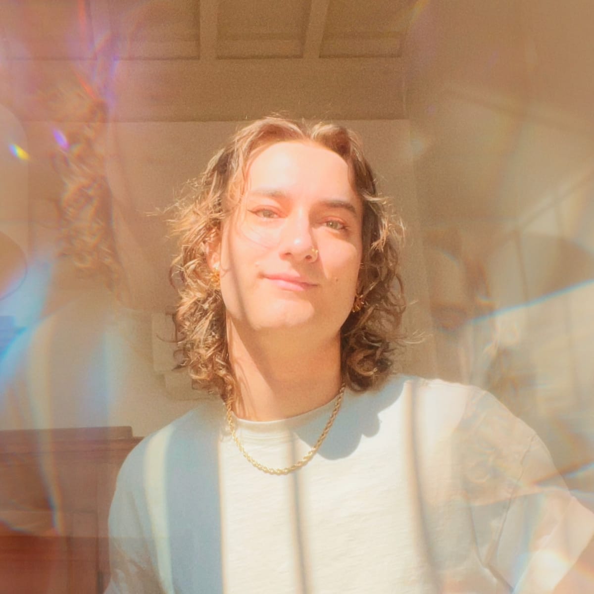 A photo of my face. I have shoulder-length light brown curly hair, and I'm wearing a simple white tee with a gold chain. On hover, the image changes to a photo of my cat Olive, a Siamese cat sleeping in the sun.