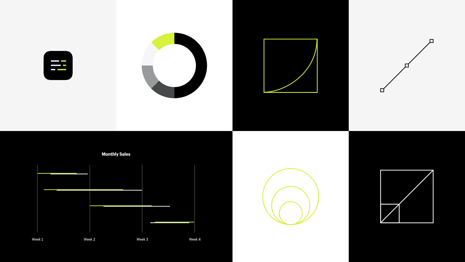 A grid of gestural designs showing the visual identity of Shopify Plus's new brand. The graphics feature clean lines, geometric forms, and a greyscale palette with an electric neon green accent color.